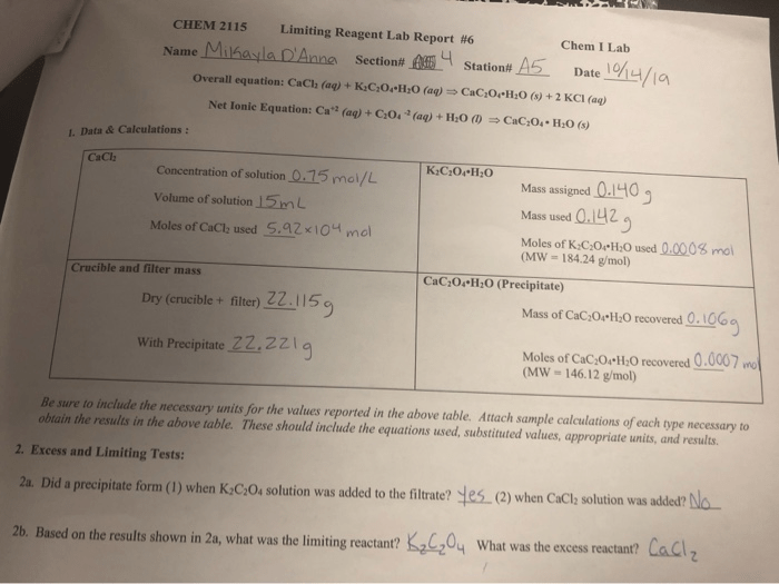 Limiting reactant pre lab answers